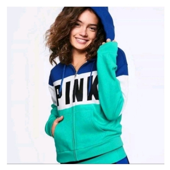 PINK VS Colorblock Aqua/Blue/White/Blk Logo Full Zip Up Sherpa Hoodie - Picture 2 of 9